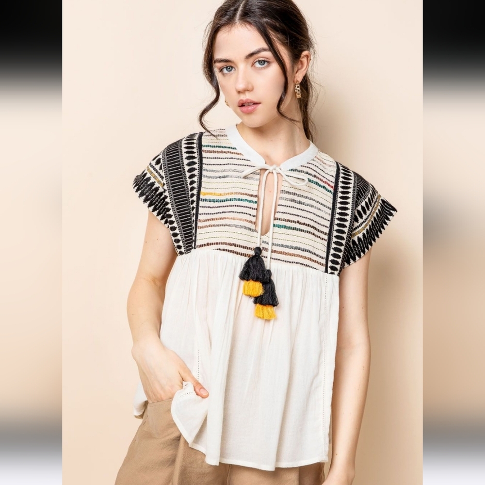 THML Bohemian Striped Tassel Top - White and Black Size Medium